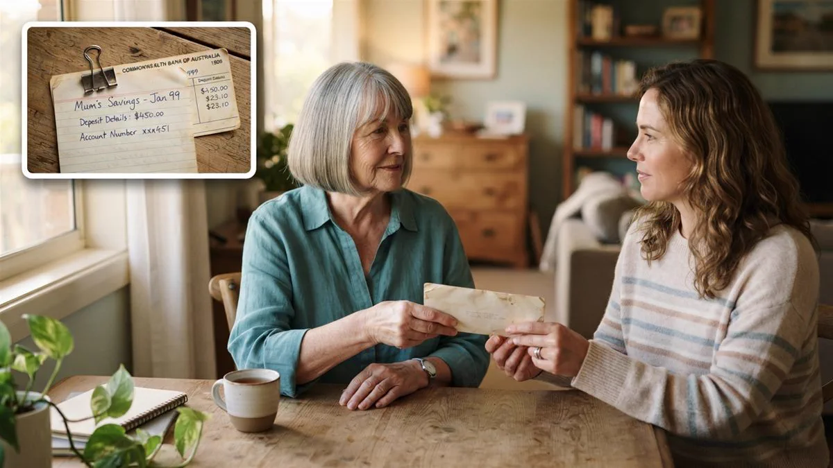 An older woman handing an envelope to her adult daughter across a table